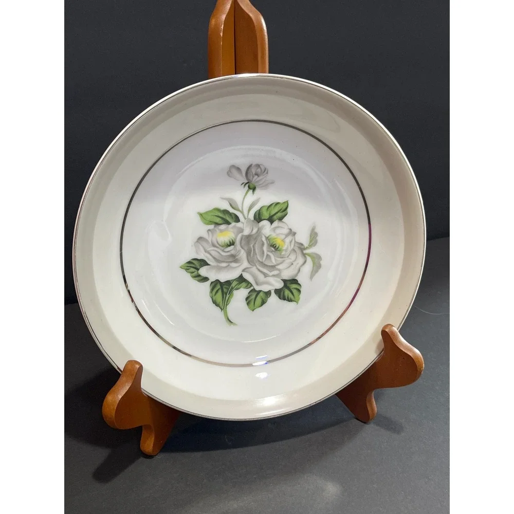 Gold Coast China First Love Japan White Rose Silver Rim Soup Pasta Bowl 7.5 Inch